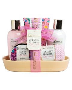 Shower set, IDC Institute, Country Flowers, ceramic, 200 ml shower gel, 200 ml body lotion, 150 ml body scrub, 50 ml hand cream, towel, 1 pack