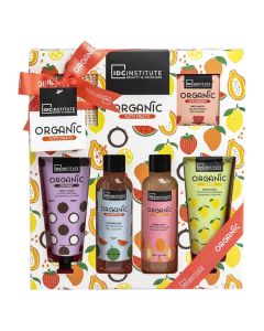 Shower set, IDC Institute, Organic, fruits, 150 ml shower gel, 100 ml body lotion, 150 ml bubble bath, 100 g shower salt, 100 body scrub, 1 pack