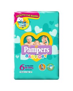 Panolina për bebe, Baby Dry, Pampers, pambuk, XL, nr. 6, 15-30 kg, 14 copë, me ngjitëse