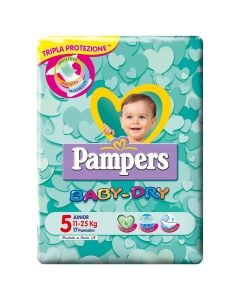 Panolina për bebe, Baby Dry, Pampers, pambuk, Junior, nr. 5, 11-25 kg, 16 copë, me ngjitëse