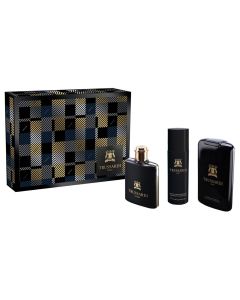 Set eau de toilette (EDT), deodorant and body gel for men, Uomo, Trussardi, glass and plastic, 100 + 100 + 200 ml, black and gold, 3 pieces