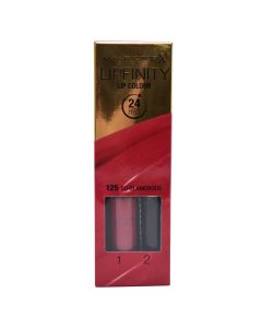 Set buzëkuq i lëngshëm dhe balsam hidratues, 125 So Glamorous, LipFinity, 2-step Long Lasting, Max Factor, plastikë, 2.3 ml + 1.9 g, e kuqe scarlet, 2 copë