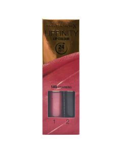 Set buzëkuq i lëngshëm dhe balsam hidratues, 140 Charming, LipFinity, 2-step Long Lasting, Max Factor, plastikë, 2.3 ml + 1.9 g, rozë e errët, 2 copë