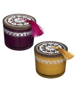 Qiri aromatik me mbajtese qelqi, arome dru, amber, myshk, ngjyre e kuqe/mustarde, D11 x H8.5 cm, 280 g