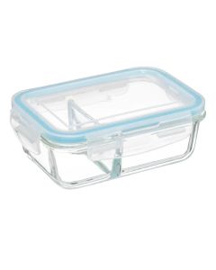 Hermetic bowl with compartment, glass/PP, transparent/blue, 20x13.5xH6.7