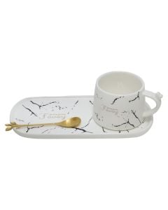 Tea cup with serving dish, ceramic, white, 7.5xH6 / 23.5x11 cm