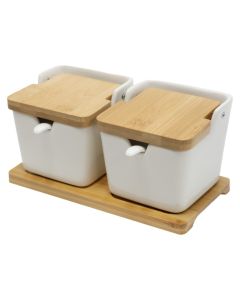 Coffee/sugar holder, ceramic/bamboo, white/brown, 10x20xH9 cm