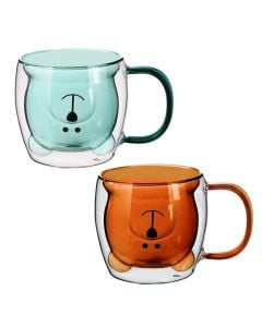 Double Glass Tea/Liquid mug Teddy Bear , glass, green shade, H8 cm / 250 ml