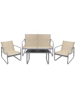 Set 2 karrige + 1 kolltuk dopjo + 1 tavolinë me supinë xham, gri / bezhë, 60x74xH75 / 114x74xH75 / 75x44xH40 cm
