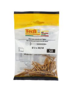 Flat CSK head torx recess chipboard screw,yellow zp, Ø3x30/18mm, Bag 50