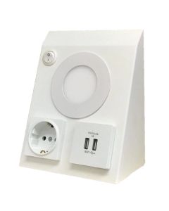 Kuti me nje prize shuko, 2 usb dhe ndricim te bardhe te ftohte, 17x7.5x14 cm, metalike, e bardhe