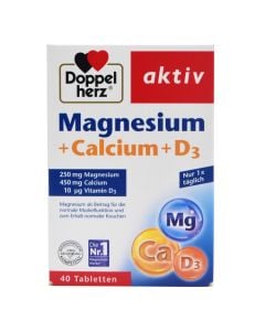 Nutritional supplement, containing magnesium, calcium and vitamin D3, DoppelHerz, for the nervous system and bones.